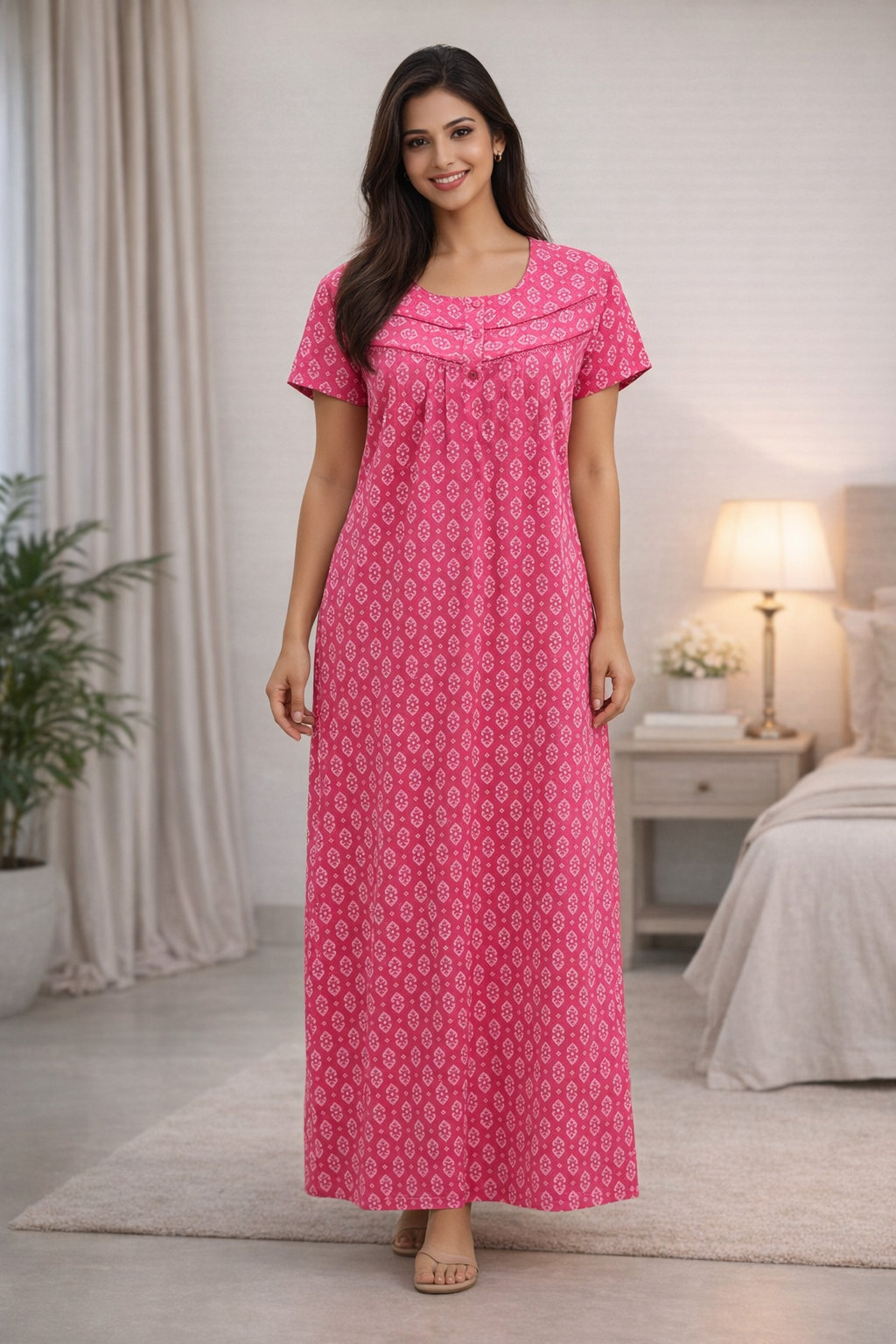 PLEATED FULL-LENGTH LACE REGULAR - MOTIF PRINT- PINK, GREY, YELLOW, BLUEISH GREY & PEACH - 501-a