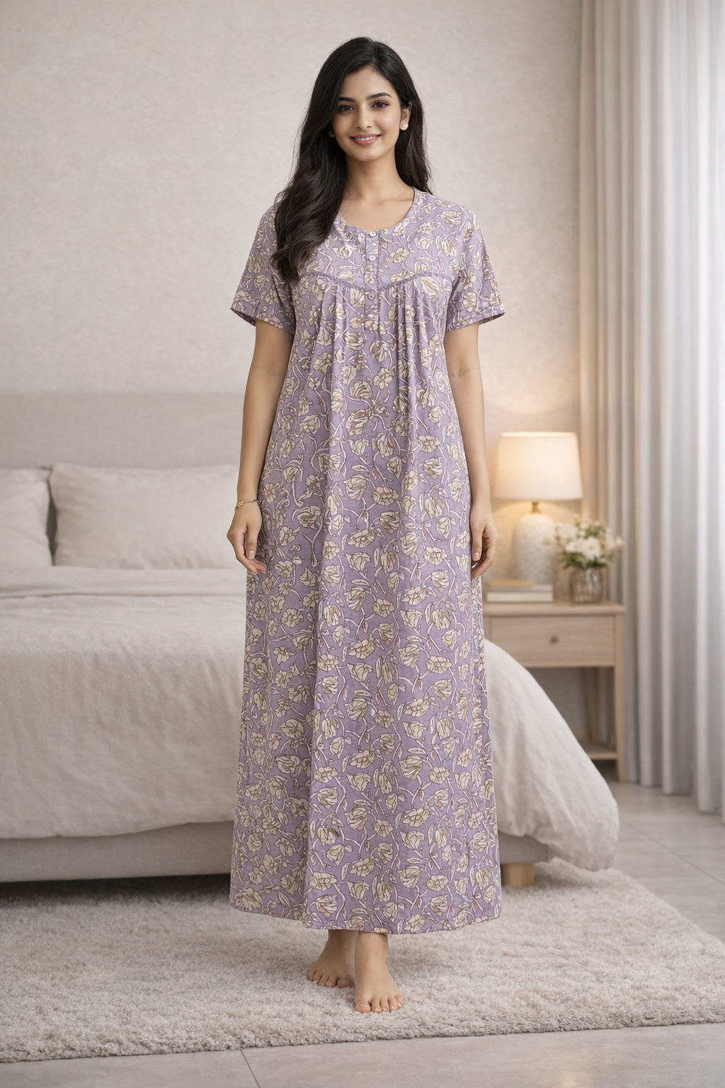 PLEATED FULL-LENGTH LACE REGULAR - FLORAL PRINT- LILAC - 501-i