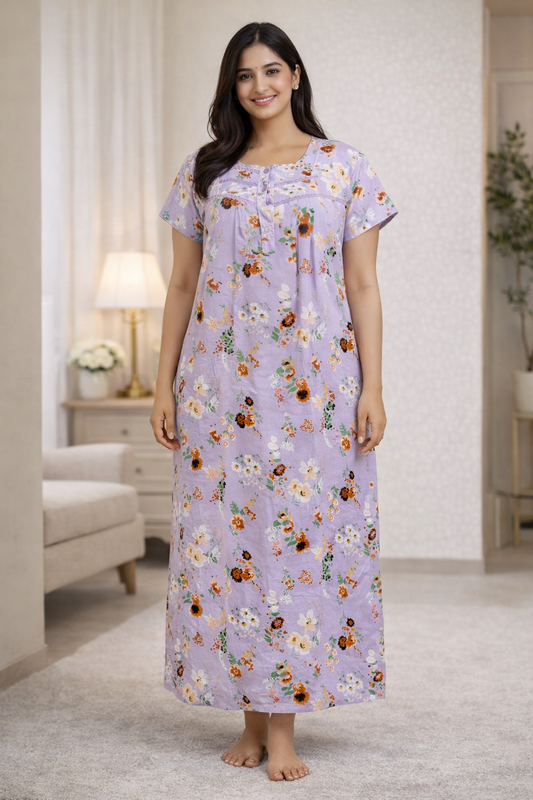 PLEATED FULL LENGTH LACE MEDIUM - FLORAL PRINT- VIOLET - 401EL c