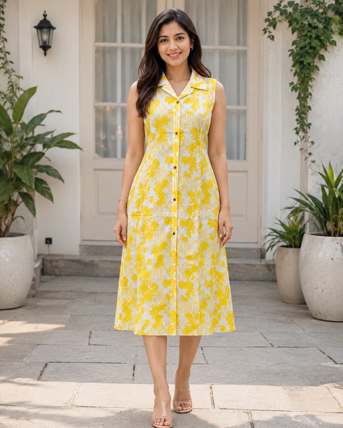 TUNIC COLLAR PATTERN LEAF PRINT - YELLOW 201Fa