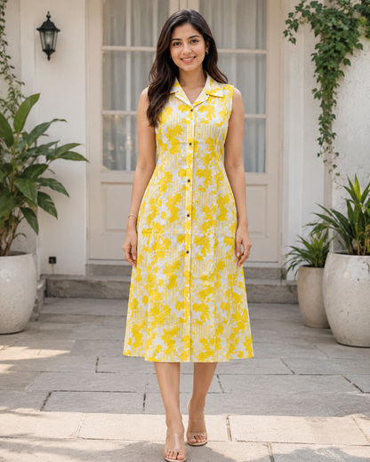 TUNIC COLLAR PATTERN LEAF PRINT - YELLOW 201Fa
