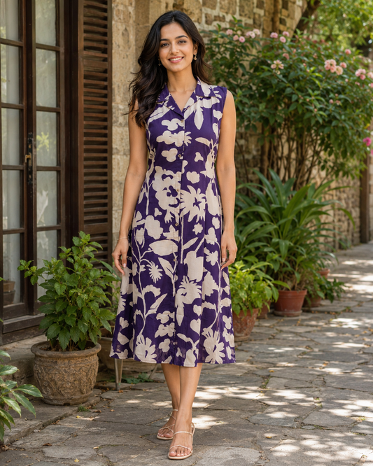 TUNIC COLLAR PATTERN BLOTTED FLORAL - PURPLE 201Fa
