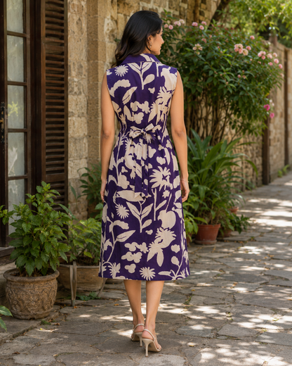 TUNIC COLLAR PATTERN BLOTTED FLORAL - PURPLE 201Fa