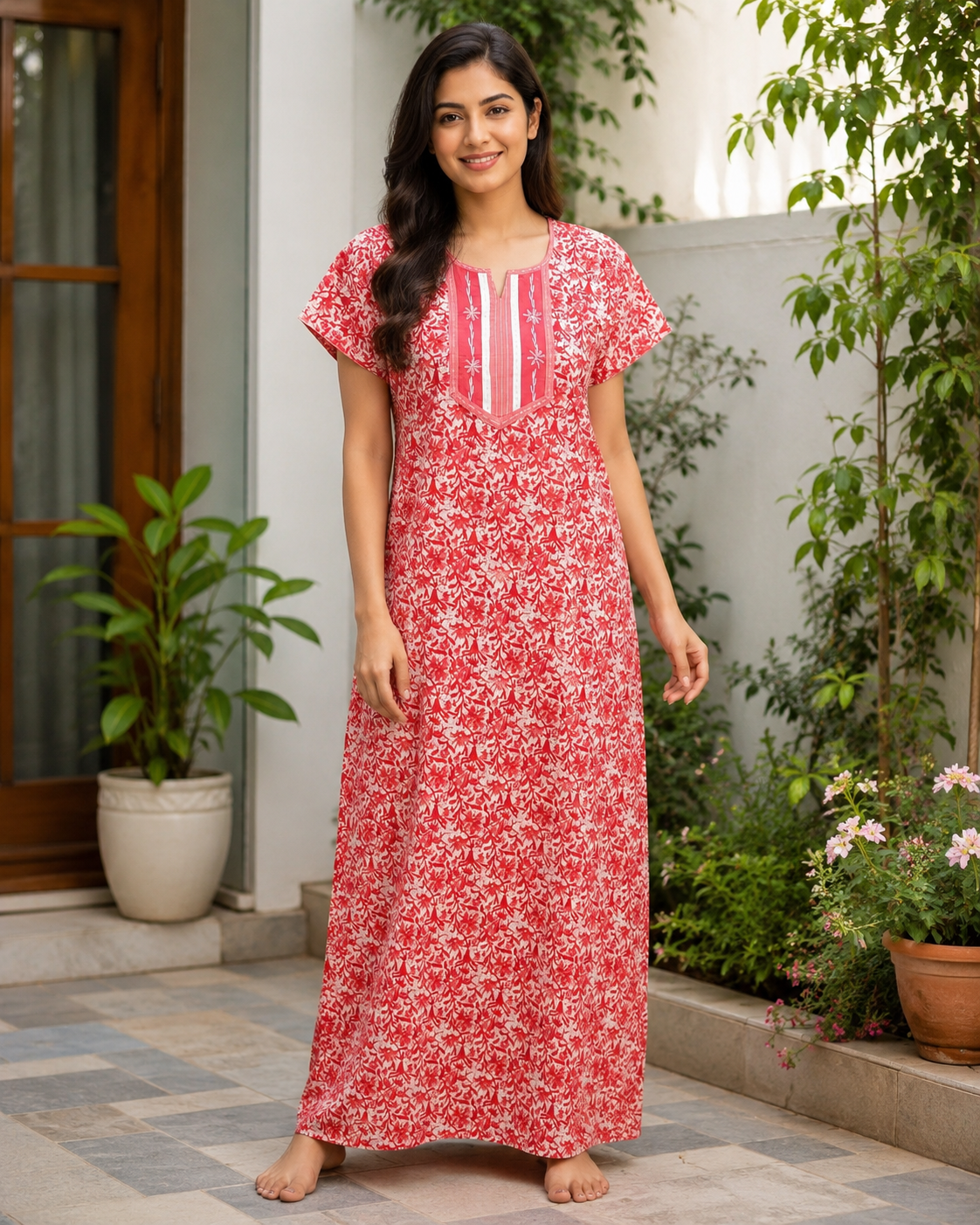 A - line Slim Fit Gown – Floral - Crimson - 550S05