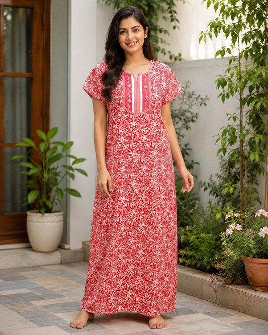 A - line Slim Fit Gown – Floral - Crimson - 550S05