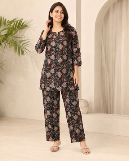 KURTI CORD SET - PATTERN - BOTTLE GREEN, RED & MUSTARD - KNS01