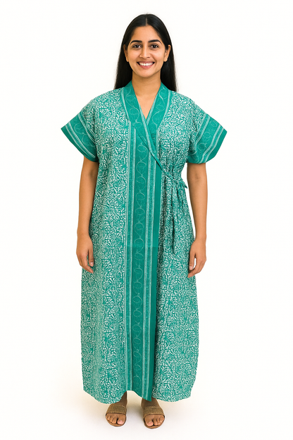 Wrap Gown – Full Length, Vine Print -Teal Green, Pink & Purple - W502- B