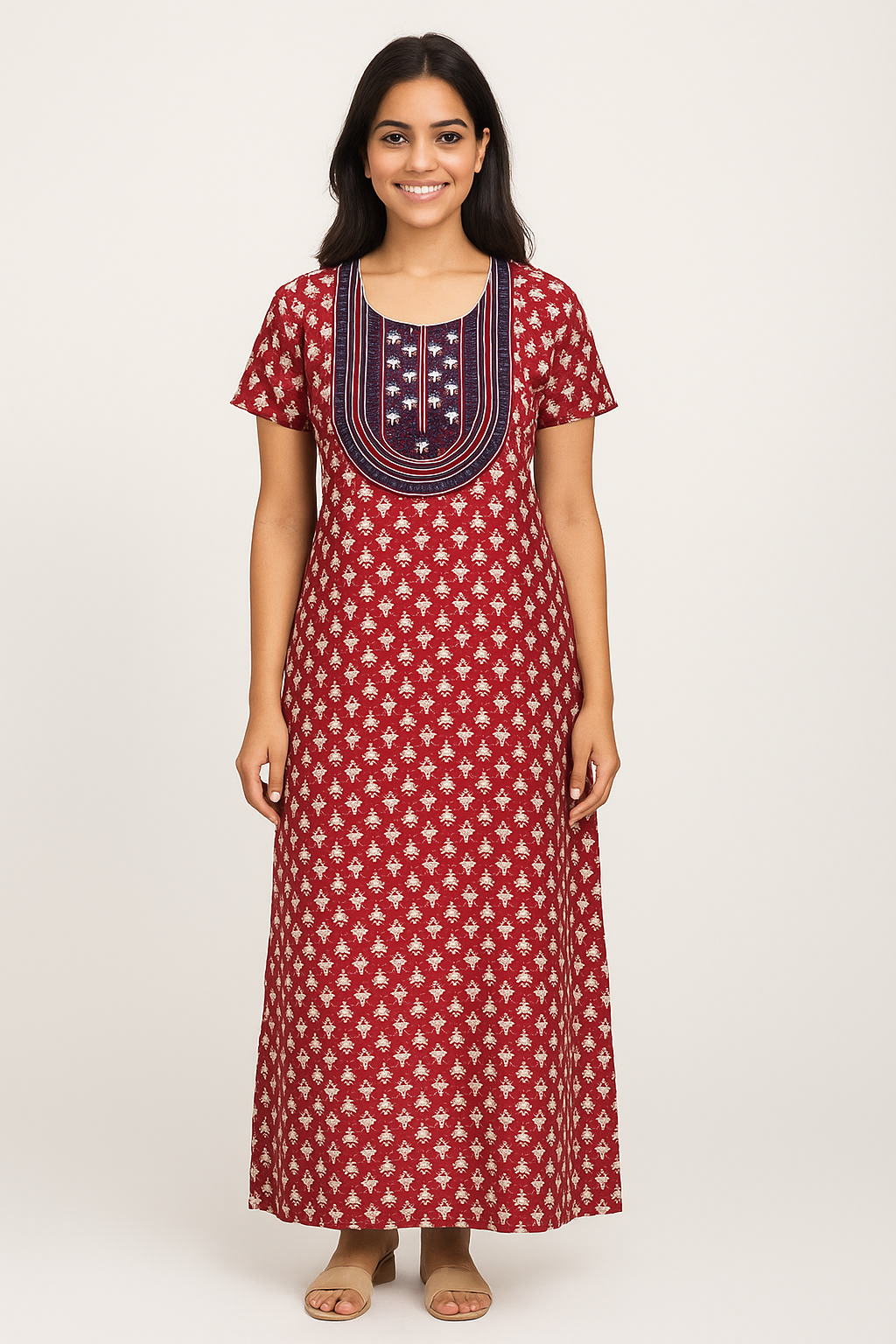 A - line Slim Fit Gown – Full Length Small Floral - Maroon - 550S01