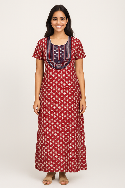 A - line Slim Fit Gown – Full Length Small Floral - Maroon - 550S01