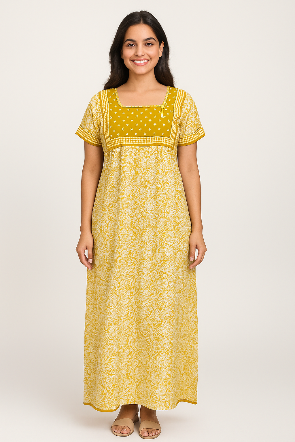 A - line Slim Fit Gown – Full Length kalamkari print - Mustard - 550S02