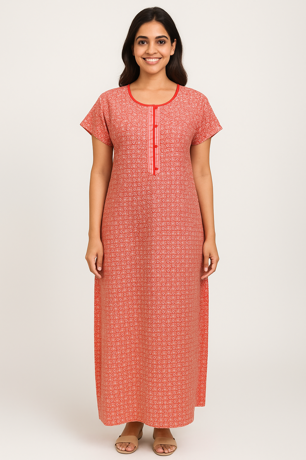 A - line Slim Fit Gown – Micro Floral - Orange, Army Green, Pink, Mustard & Blue - 550S04