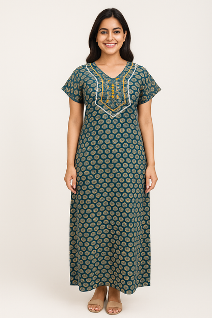 A - line Slim Fit Gown – Circular Floral- Rama Green & Maroon - 550S06