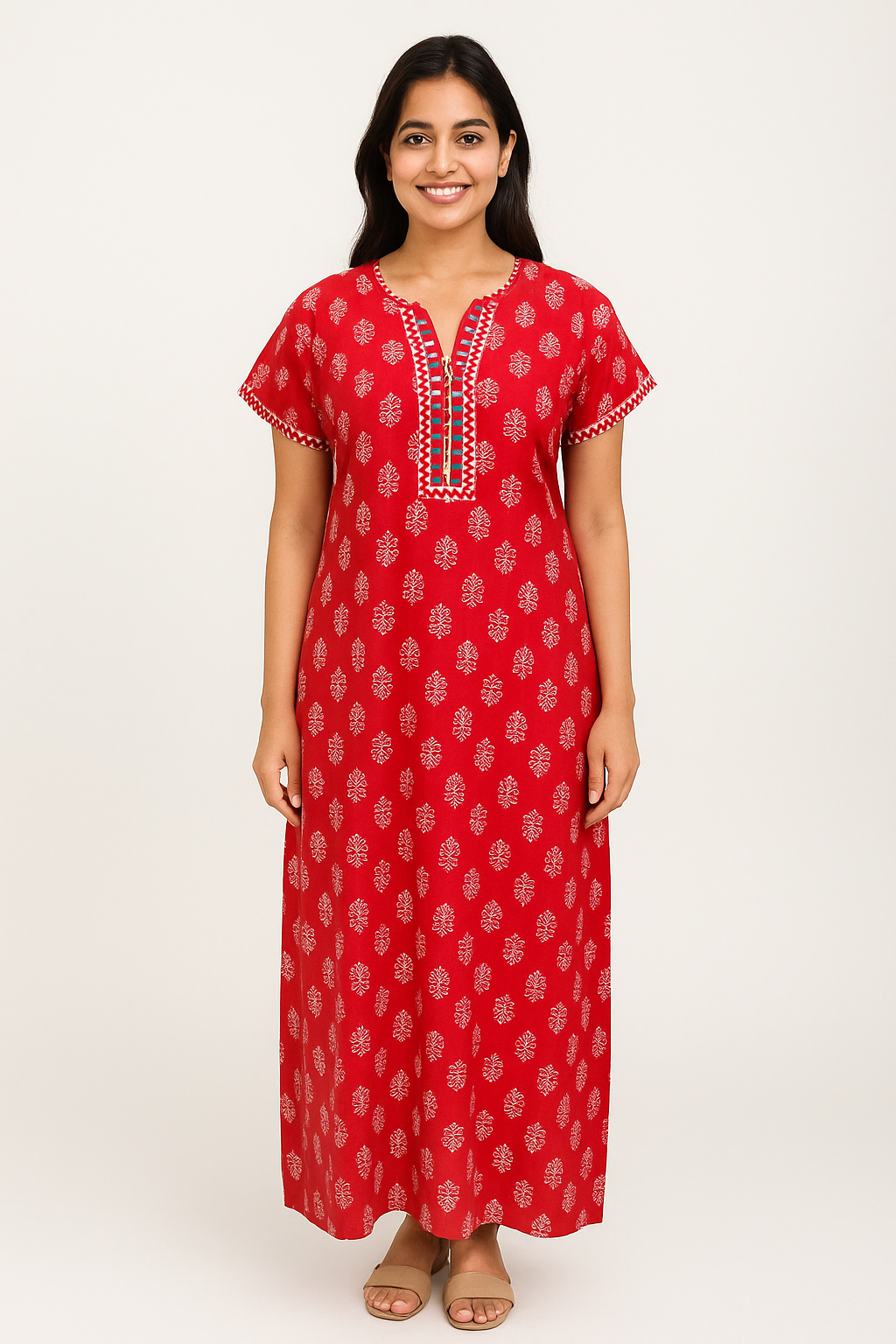 A - line Slim Fit Gown – Floral Buti print - Red & Sea Green - 550S08