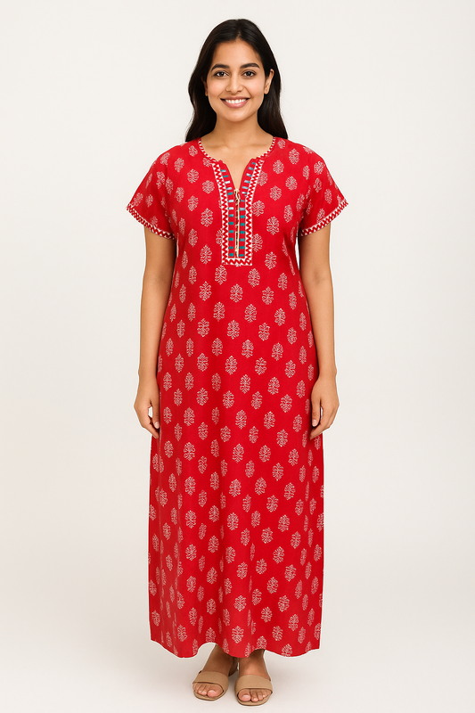 A - line Slim Fit Gown – Floral Buti print - Red & Sea Green - 550S08