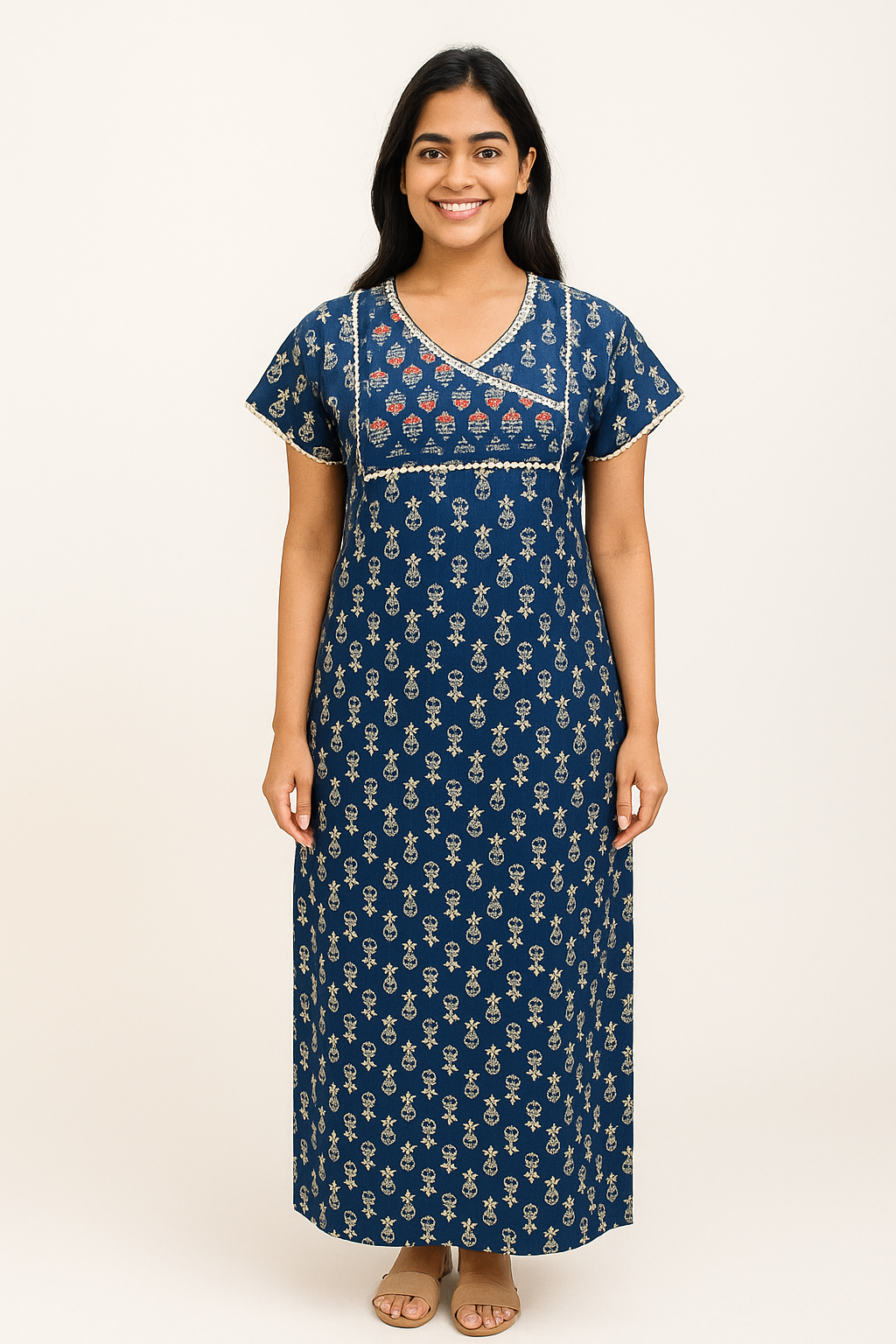 A - line Slim Fit Gown – Floral Buti print -   Navy Blue, Mustard, Green & Orange - 550S11