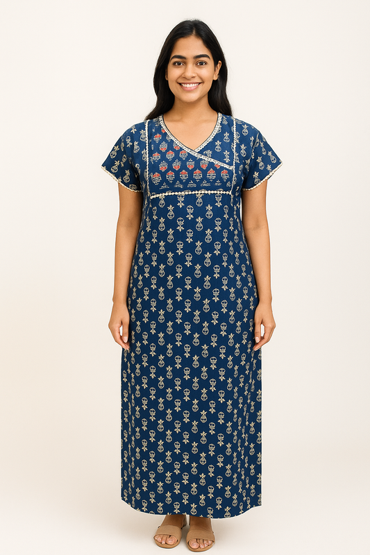 A - line Slim Fit Gown – Floral Buti print -   Navy Blue, Mustard, Green & Orange - 550S11