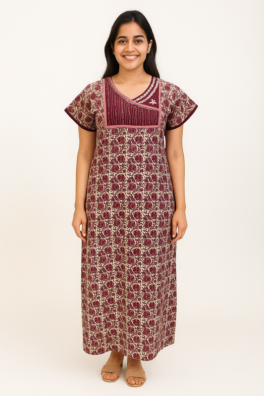 A - line Slim Fit Gown – Floral Vine print - Maroon & Green - 550S12