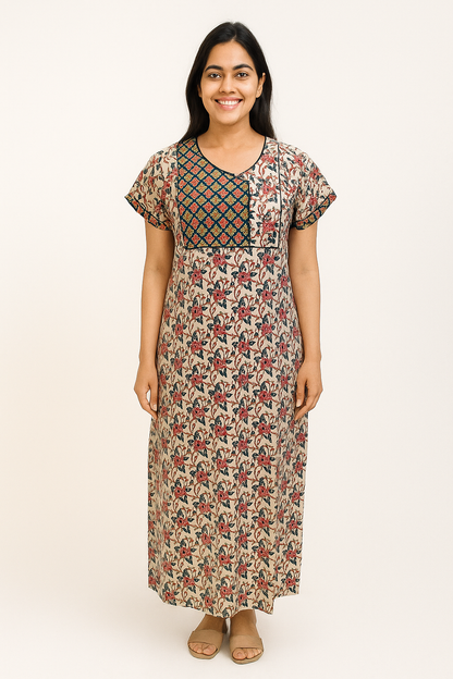 A - line Slim Fit Gown – Floral Vine print - Green, Maroon, Mustard & Blue - 550S13