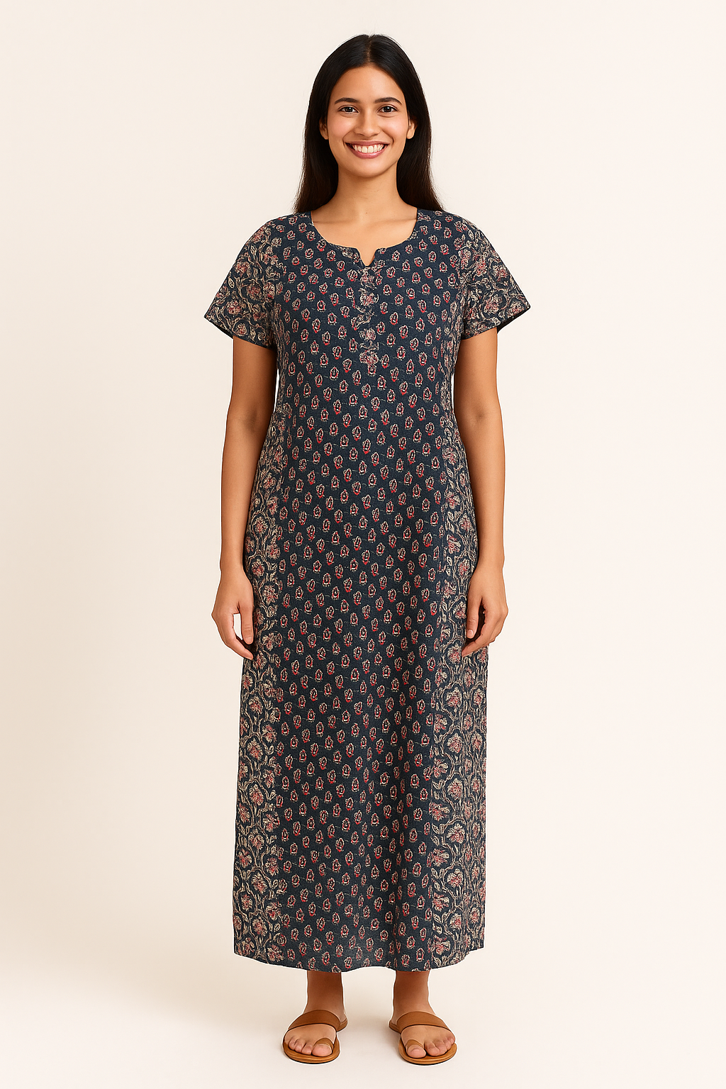 A - line Gown with Double Pocket - Floral Block print - Black & Red - 550DP5