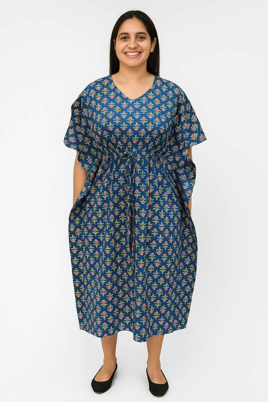 Half Khaftan – Small Floral Buti - Blue, Light Brown & Olive - SK02