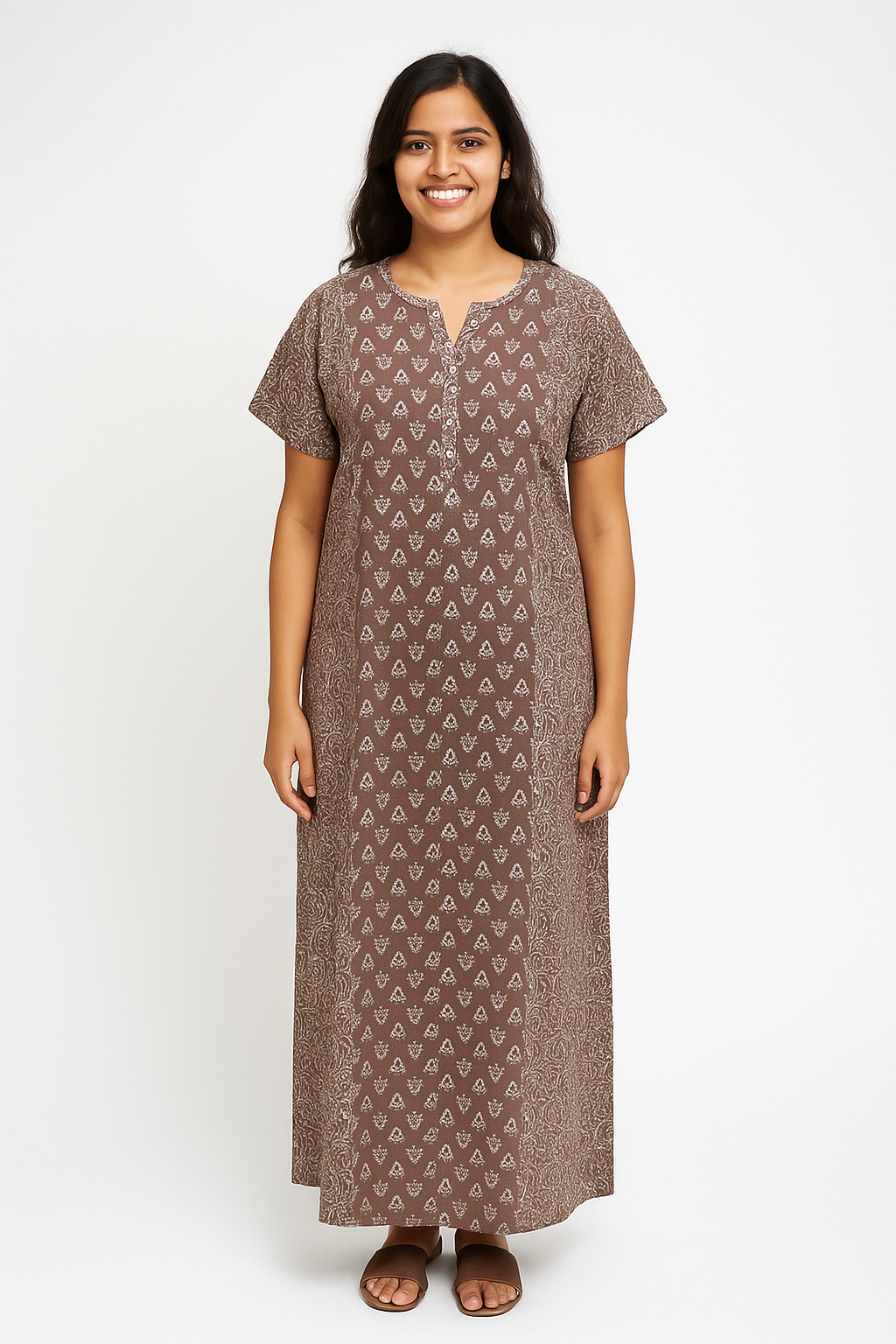 A - line Gown with Double Pocket - Floral Motif print - Brown & Olive - 550DP6