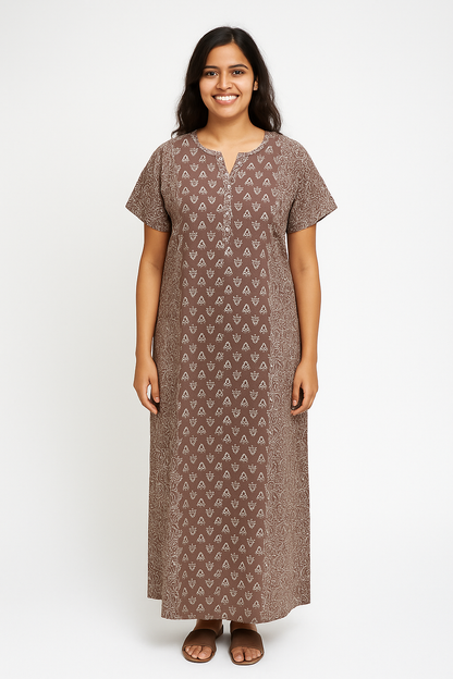 A - line Gown with Double Pocket - Floral Motif print - Brown & Olive - 550DP6