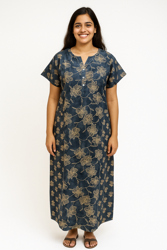 A - line Gown with Double Pocket - Big Floral - Greyish Blue - 550DP9