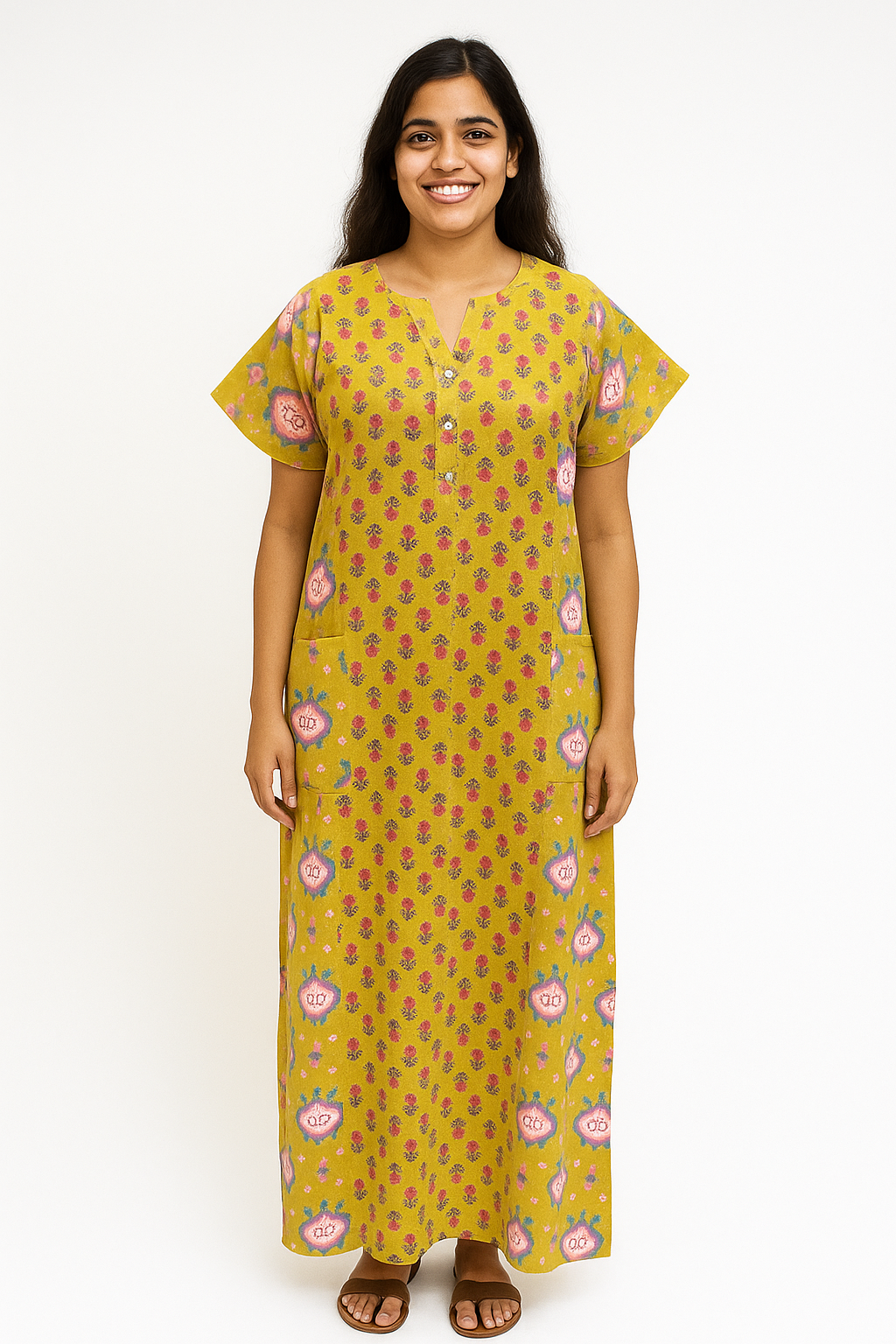 A - line Gown with Double Pocket - Floral Buti - Mustard, Black & Maroon - 550DP10