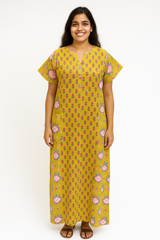 A - line Gown with Double Pocket - Floral Buti - Mustard, Black & Maroon - 550DP10