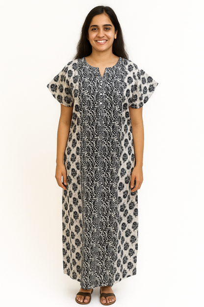 A - line Gown with Double Pocket - Floral Motif print - Black & Brown - 550DP7