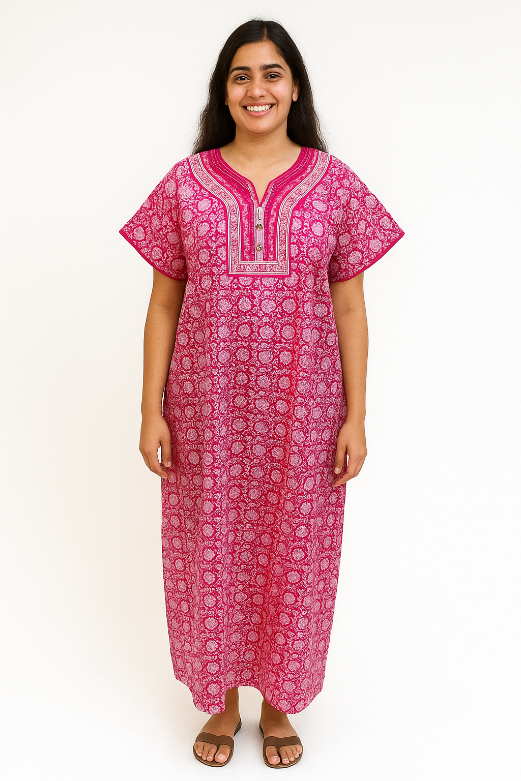 A - line Gown - Circular Floral Motif - Pink - 550A2