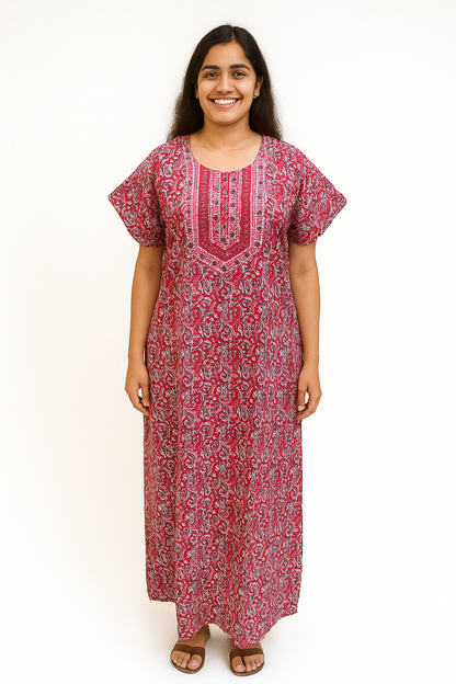 A - line Gown - Kalamkari  print- Tomato red, Pink & Yellowish Olive - 550AK26