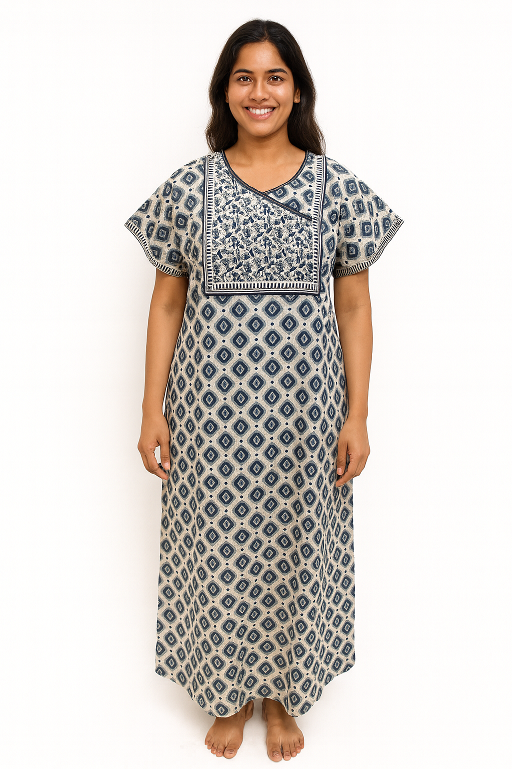 A - line Gown - Diamond Motif print - Grey, Mustard & Teal Green - 550A24