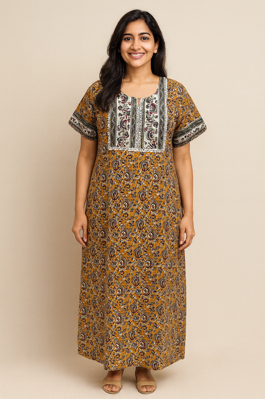 A - line Gown - Dense Paisley -Floral Jaal print - Yellow, Maroon, Black & Blue - 550AL23