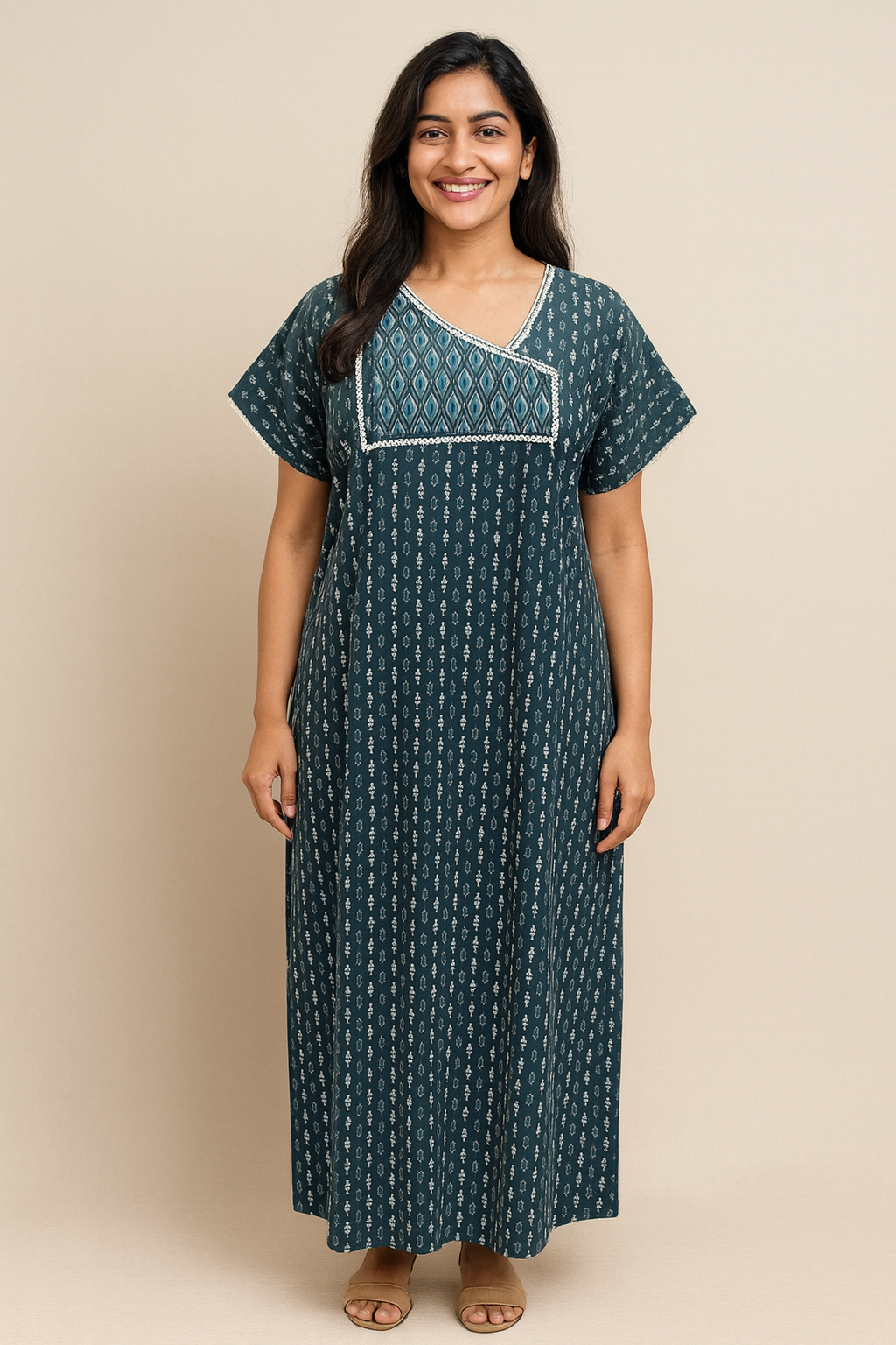 A - line Gown - Buti print - Dark Green & Coffee Brown - 550AL15