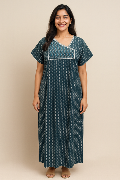 A - line Gown - Buti print - Dark Green & Coffee Brown - 550AL15