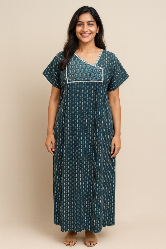 A - line Gown - Buti print - Dark Green & Coffee Brown - 550AL15