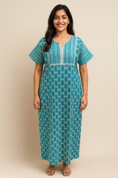 A - line Gown - Geometric Block print - Teal Green, Grey & Orange - 550AL25