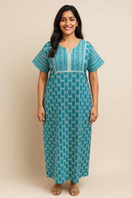 A - line Gown - Geometric Block print - Teal Green, Grey & Orange - 550AL25