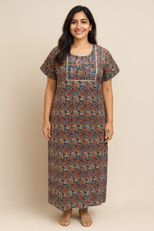 A - line Gown - Rose Floral print - Navy-blue & Yellow - 550AL27