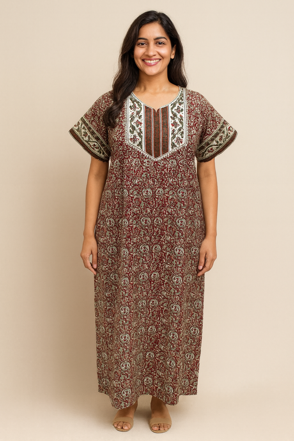 A - line Gown - Floral Vine print - Maroon, Navy-Blue, Yellow & Black - 550AL29