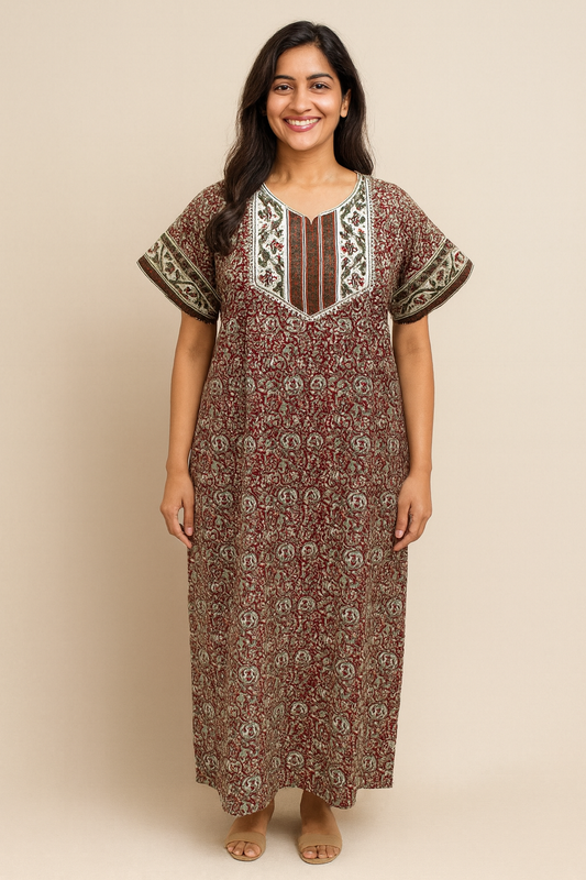 A - line Gown - Floral Vine print - Maroon, Navy-Blue, Yellow & Black - 550AL29