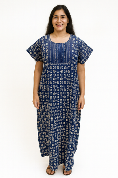 A - line Gown - Circular Motif print - Navy Blue, Yellowish Olive & Wine - 550AK28