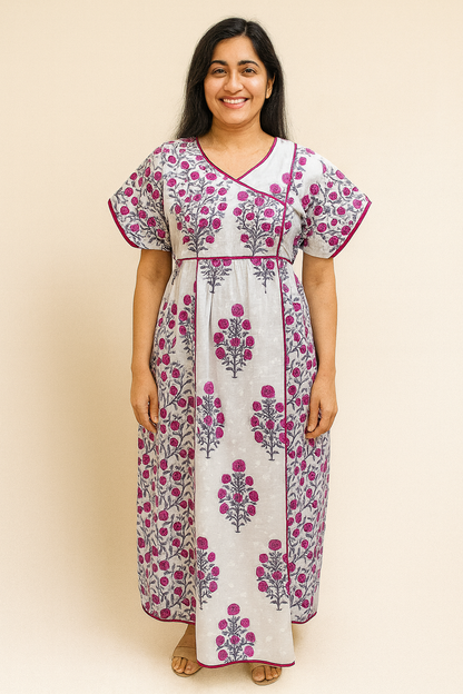 A - line Belt pattern - Floral print - Magenta Pink on White - 550B14