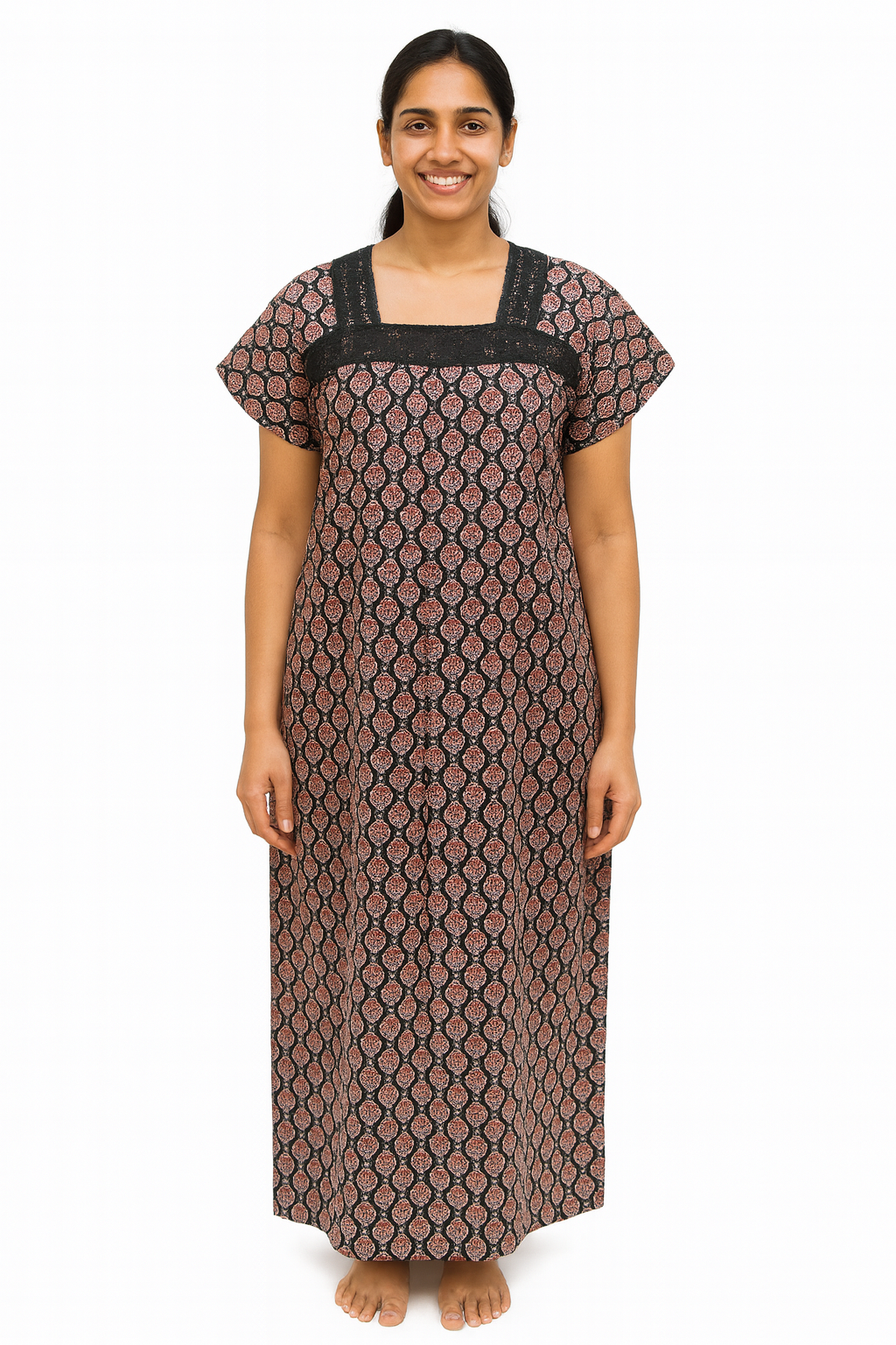 A - line Lace pattern Gown - Geometric print - Black & Maroon - 550LQ03