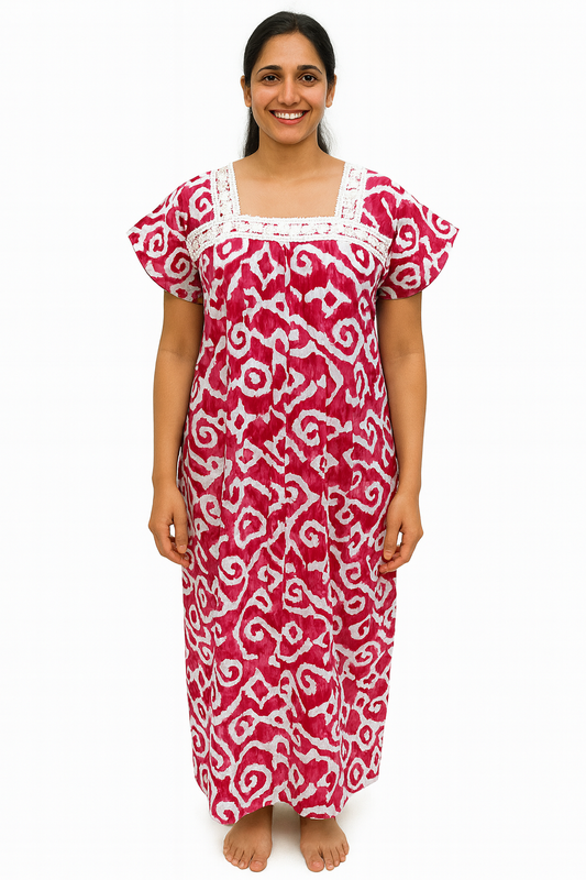 A - line Lace pattern Gown - Abstract print - Pink, Orange Yellow & Green - 550LQ04