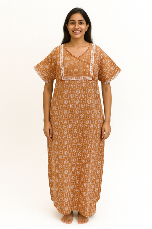 A - line Angarkha pattern Gown - Buti print - Light Brown - 650AAS02