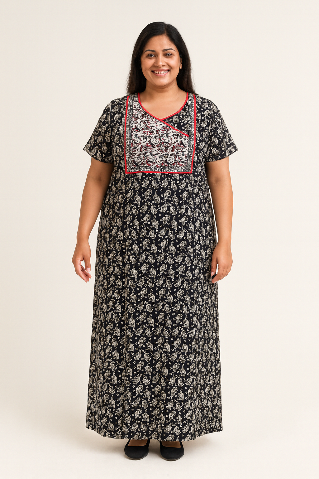 A - line Angarkha pattern Gown - Vine print - Black & Beige - 650AAS03