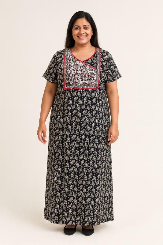 A - line Angarkha pattern Gown - Vine print - Black & Beige - 650AAS03