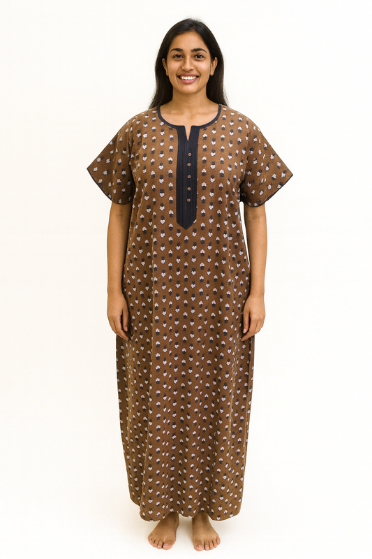 A - line pattern Gown - Buti print - Coffee Brown - 650E3
